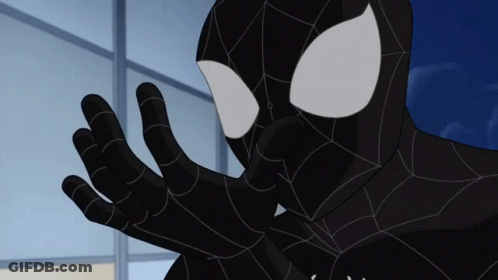 A Close Up Of A Black Spider Man 'S Face And Hands GIF