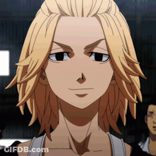 A Close Up Of A Blonde Anime Character With Black Eyes GIF