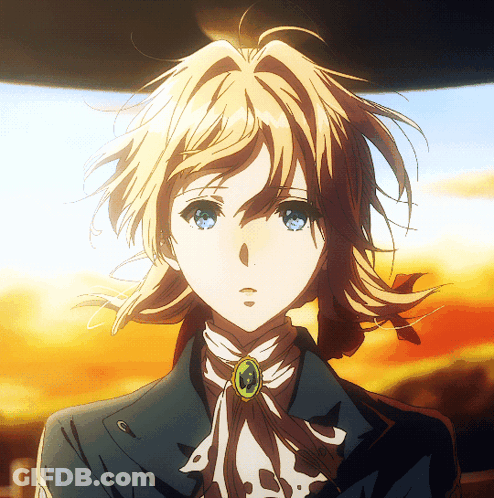 A Close Up Of A Blonde Anime Character With Blue Eyes And A Green Pendant Around Her Neck GIF