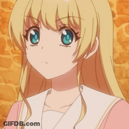A Close Up Of A Blonde Anime Girl 'S Face With A Brick Wall In The Background GIF