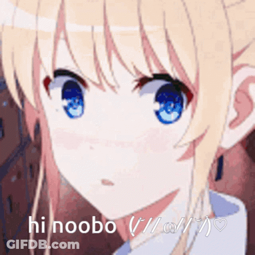 A Close Up Of A Blonde Anime Girl With Blue Eyes And The Words Hi Noobo GIF