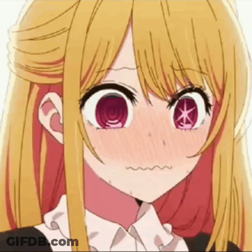 A Close Up Of A Blonde Anime Girl With Red Eyes Making A Funny Face GIF