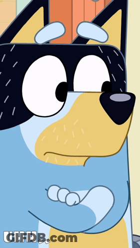 A Close Up Of A Blue And Yellow Cartoon Dog With The Word Uhh Below It GIF