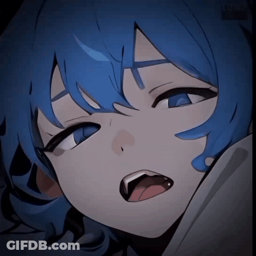 A Close Up Of A Blue Haired Anime Character With A Tongue Sticking Out GIF