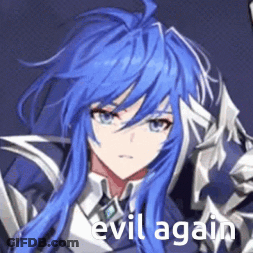 A Close Up Of A Blue Haired Anime Character With The Words Evil Again Written Below It . GIF