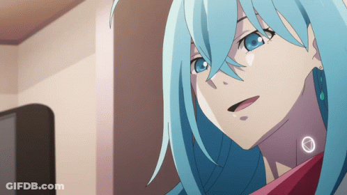 A Close Up Of A Blue Haired Anime Girl With A Circle Around Her Neck GIF