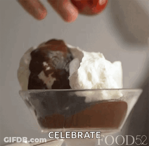A Close Up Of A Bowl Of Ice Cream With The Words Celebrate Food52 On The Bottom GIF