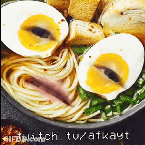A Close Up Of A Bowl Of Noodles And Eggs With The Words Twitch Tu Afkayt Below GIF