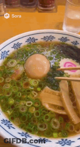 A Close Up Of A Bowl Of Ramen With A Picture Of Sora On The Bottom GIF
