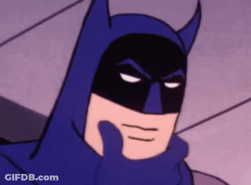 A Close Up Of A Cartoon Batman Thinking With His Hand On His Chin GIF