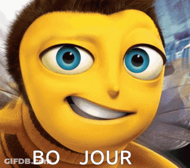 A Close Up Of A Cartoon Bee With The Words Bo Jour Written Below It GIF
