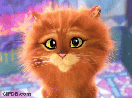 A Close Up Of A Cartoon Cat With Big Yellow Eyes GIF