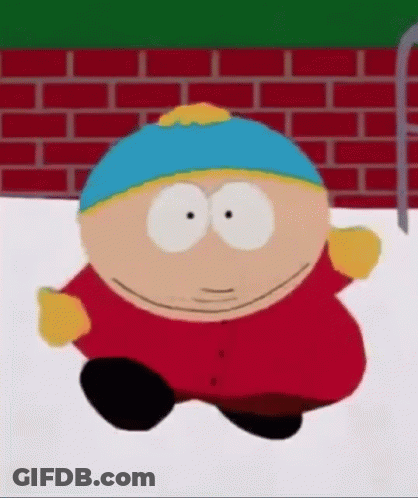 A Close Up Of A Cartoon Character From South Park Standing In The Snow . GIF