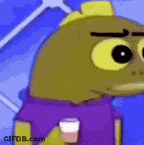 A Close Up Of A Cartoon Character Holding A Cup Of Liquid GIF
