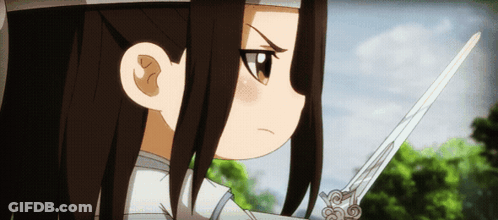 A Close Up Of A Cartoon Character Holding A Sword With Trees In The Background GIF