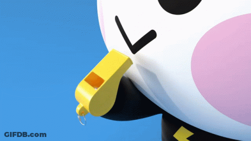 A Close Up Of A Cartoon Character Holding A Yellow Whistle In Its Mouth GIF