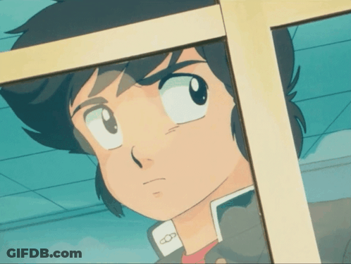 A Close Up Of A Cartoon Character Looking Out A Window With The Letter O On His Shirt GIF