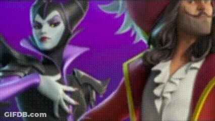 A Close Up Of A Cartoon Character , Maleficent And Hook , Standing Next To Each Other On A Purple Background . GIF
