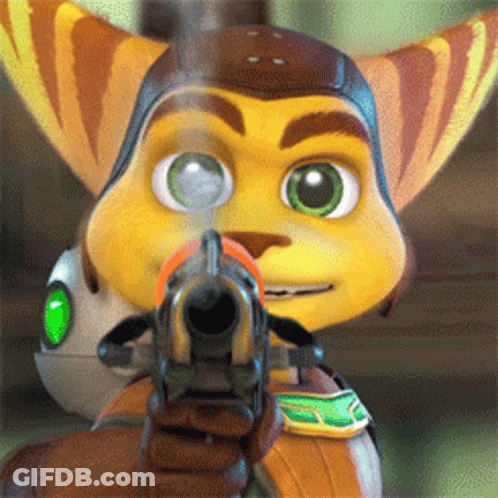 A Close Up Of A Cartoon Character Pointing A Gun At The Camera GIF