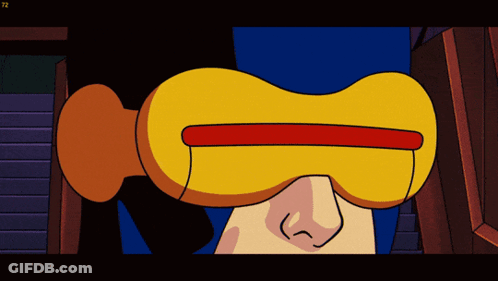 A Close Up Of A Cartoon Character 'S Eye With The Number 72 On The Bottom Left GIF