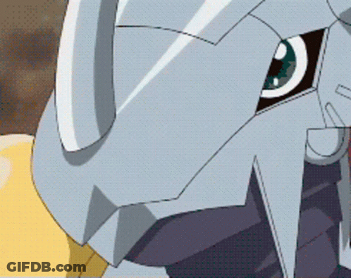 A Close Up Of A Cartoon Character 'S Face With A Gray Helmet On GIF