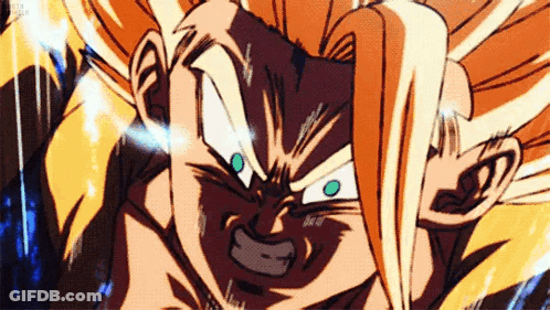 A Close Up Of A Cartoon Character 'S Face With A Lot Of Hair And A Blue Light Coming Out Of His Eyes . GIF