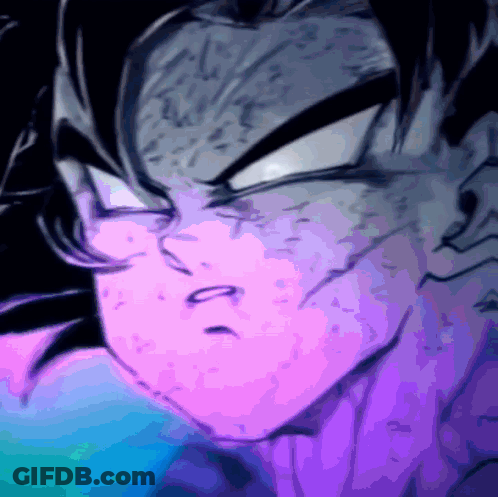 A Close Up Of A Cartoon Character 'S Face With A Purple And Blue Background GIF