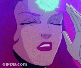 A Close Up Of A Cartoon Character 'S Face With A Purple Background And A Hand On Her Head . GIF