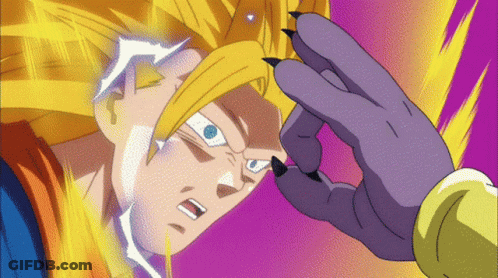 A Close Up Of A Cartoon Character 'S Face With A Purple Hand Behind It GIF