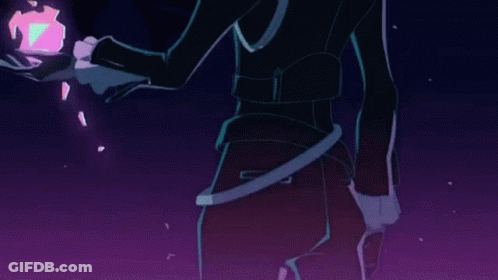 A Close Up Of A Cartoon Character 'S Face With A Purple Lightning Bolt Coming Out Of It . GIF