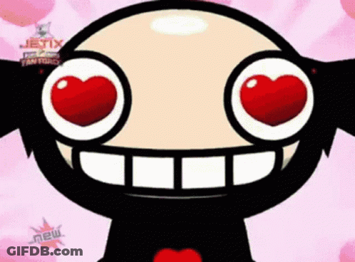 A Close Up Of A Cartoon Character 'S Face With Big Red Hearts In His Eyes GIF