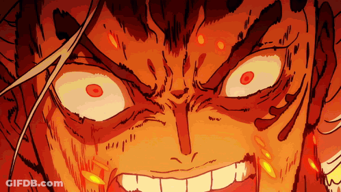 A Close Up Of A Cartoon Character 'S Face With Fire Coming Out Of His Eyes GIF