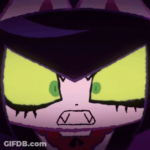 A Close Up Of A Cartoon Character 'S Face With Purple Hair And Green Eyes GIF