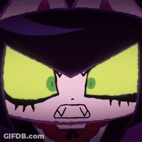 A Close Up Of A Cartoon Character 'S Face With Purple Hair And Green Eyes GIF