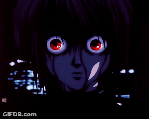 A Close Up Of A Cartoon Character 'S Face With Red Eyes GIF