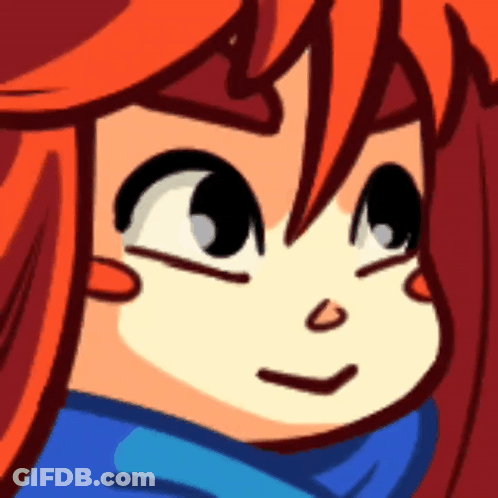 A Close Up Of A Cartoon Character 'S Face With Red Hair And A Blue Scarf Around Her Neck GIF