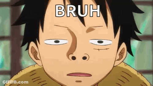 A Close Up Of A Cartoon Character 'S Face With The Word Bruh Written On It . GIF