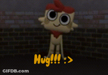 A Close Up Of A Cartoon Character 'S Face With The Word Hug Written In Yellow . GIF