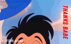 A Close Up Of A Cartoon Character 'S Face With The Words `` Thanks Babe '' Written Below It . GIF