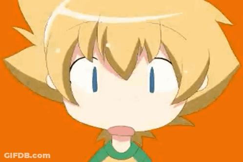 A Close Up Of A Cartoon Character 'S Head With A Green Shirt On Against An Orange Background . GIF