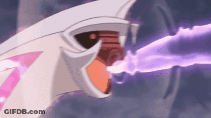 A Close Up Of A Cartoon Character 'S Mouth With A Purple Beam Coming Out Of It . GIF