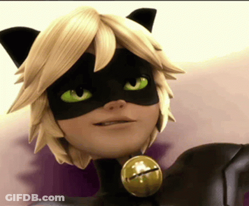 A Close Up Of A Cartoon Character Wearing A Cat Mask And Green Eyes . GIF
