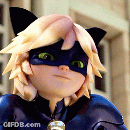 A Close Up Of A Cartoon Character Wearing A Cat Mask With Green Eyes GIF