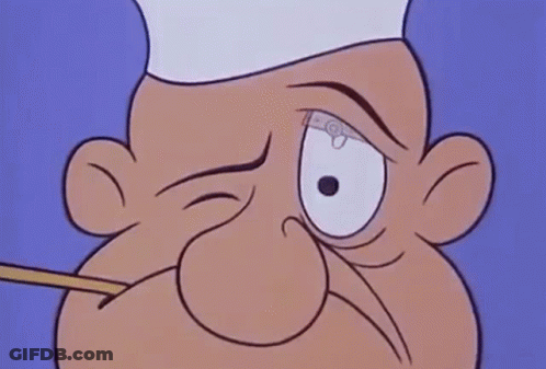 A Close Up Of A Cartoon Character Wearing A Chef 'S Hat And Holding A Fork In His Mouth . GIF