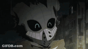A Close Up Of A Cartoon Character Wearing A Mask With A Smiley Face On It . GIF