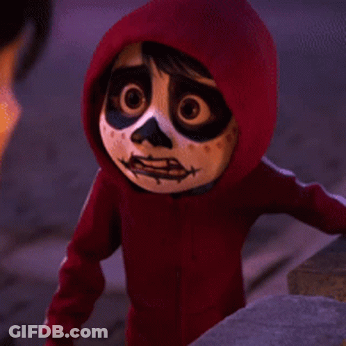 A Close Up Of A Cartoon Character Wearing A Red Hoodie With A Skeleton Face Painted On It . GIF