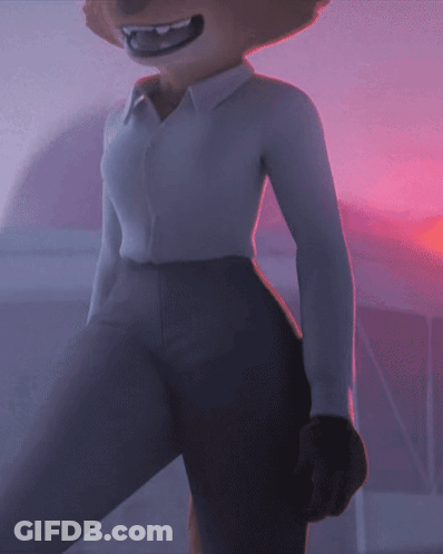 A Close Up Of A Cartoon Character Wearing A White Shirt And Grey Pants GIF