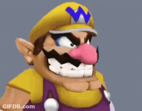A Close Up Of A Cartoon Character Wearing A Yellow Hat And Purple Overalls With A Pink Nose . GIF