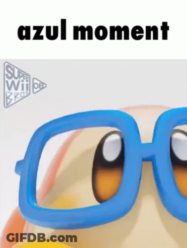 A Close Up Of A Cartoon Character Wearing Blue Glasses With The Words Azul Moment Above It GIF