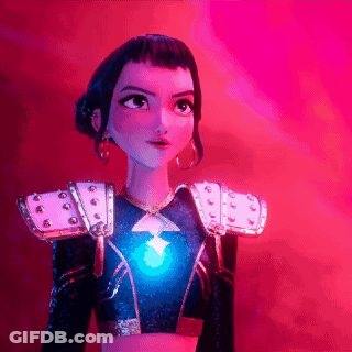 A Close Up Of A Cartoon Character With A Blue Light On Her Chest GIF